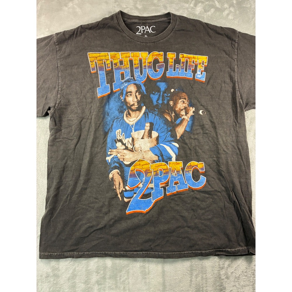 2Pac Thug Life Graphic T-Shirt Mens XL Black Washed Cotton Short Sleeve Tee